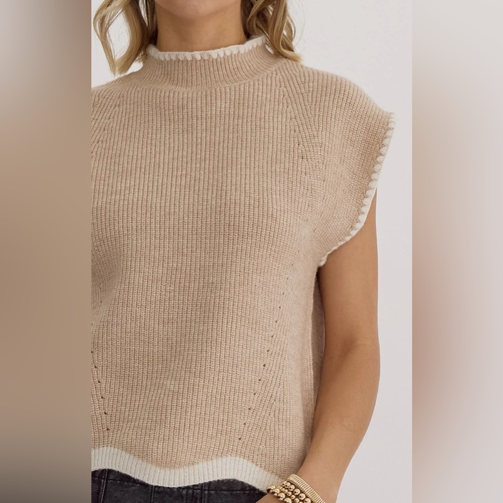 Melody mock neck cap sleeve sweater in camel/oatmeal by Entro. Size S.